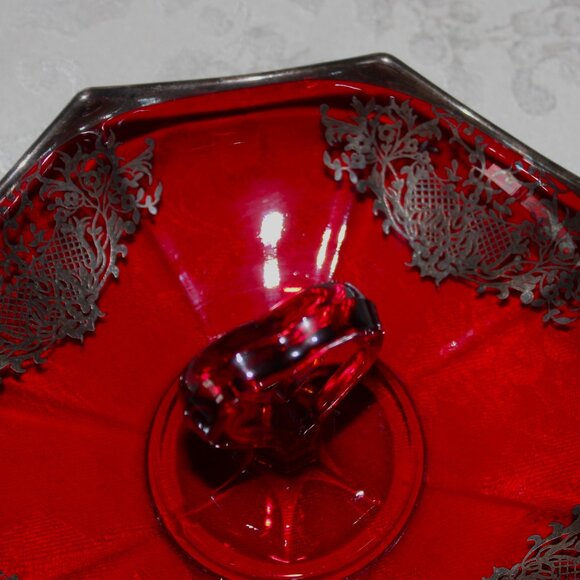 Gorgeous Ruby Silver Overlay Candy Dish | Heart-Shaped Handle | Octagonal - Picture 3 of 6